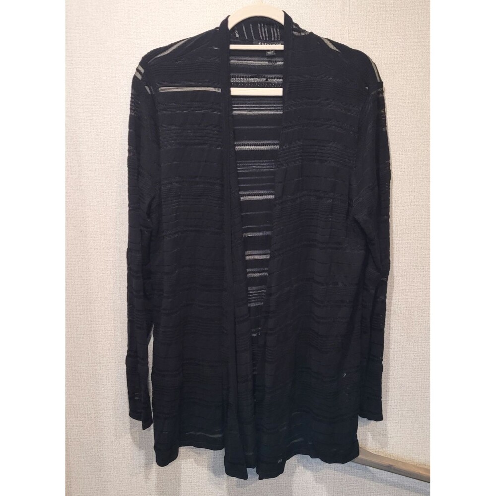 41 Hawthorn Open Front Black Textured Knit Cardigan Sweater 1X Sheer Stripe